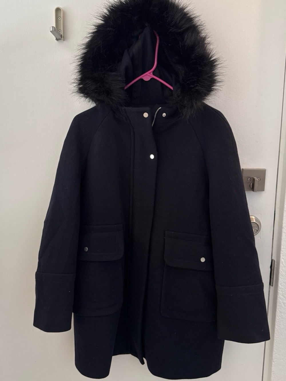 Zara Navy Hooded Pea Coat with Faux Fur Trim